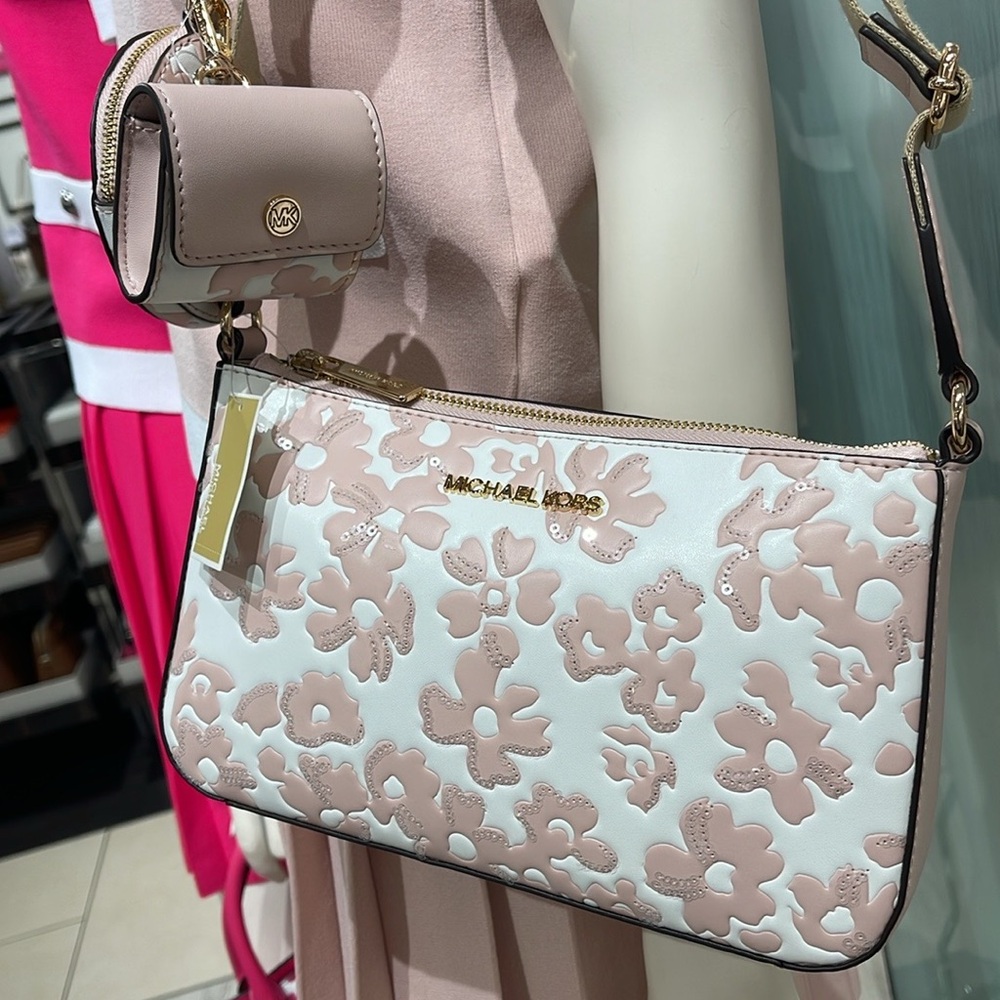 Michael Kors Jet Set Sm Sequined Floral Print Crossbody w Case for Apple AirPod - Picture 11 of 16